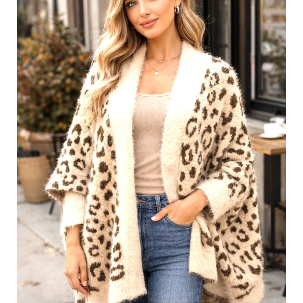 Leopard Print Fuzzy Cardigan Shawl Cream Brown Soft Acrylic Wrap